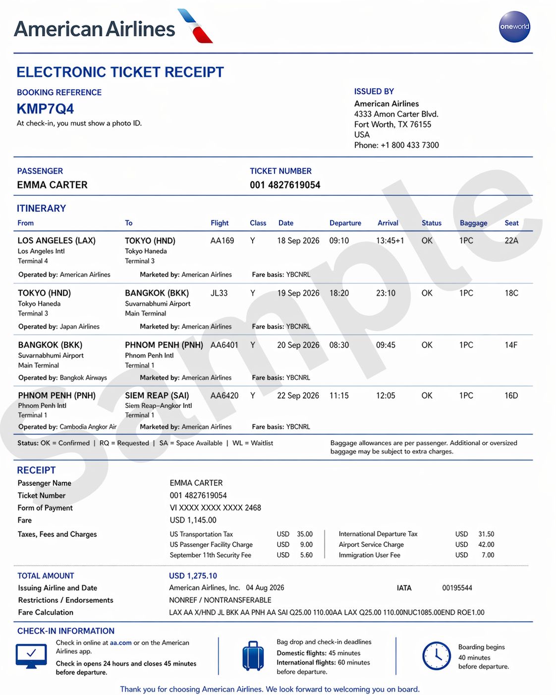 Cambodia Flight Ticket Sample