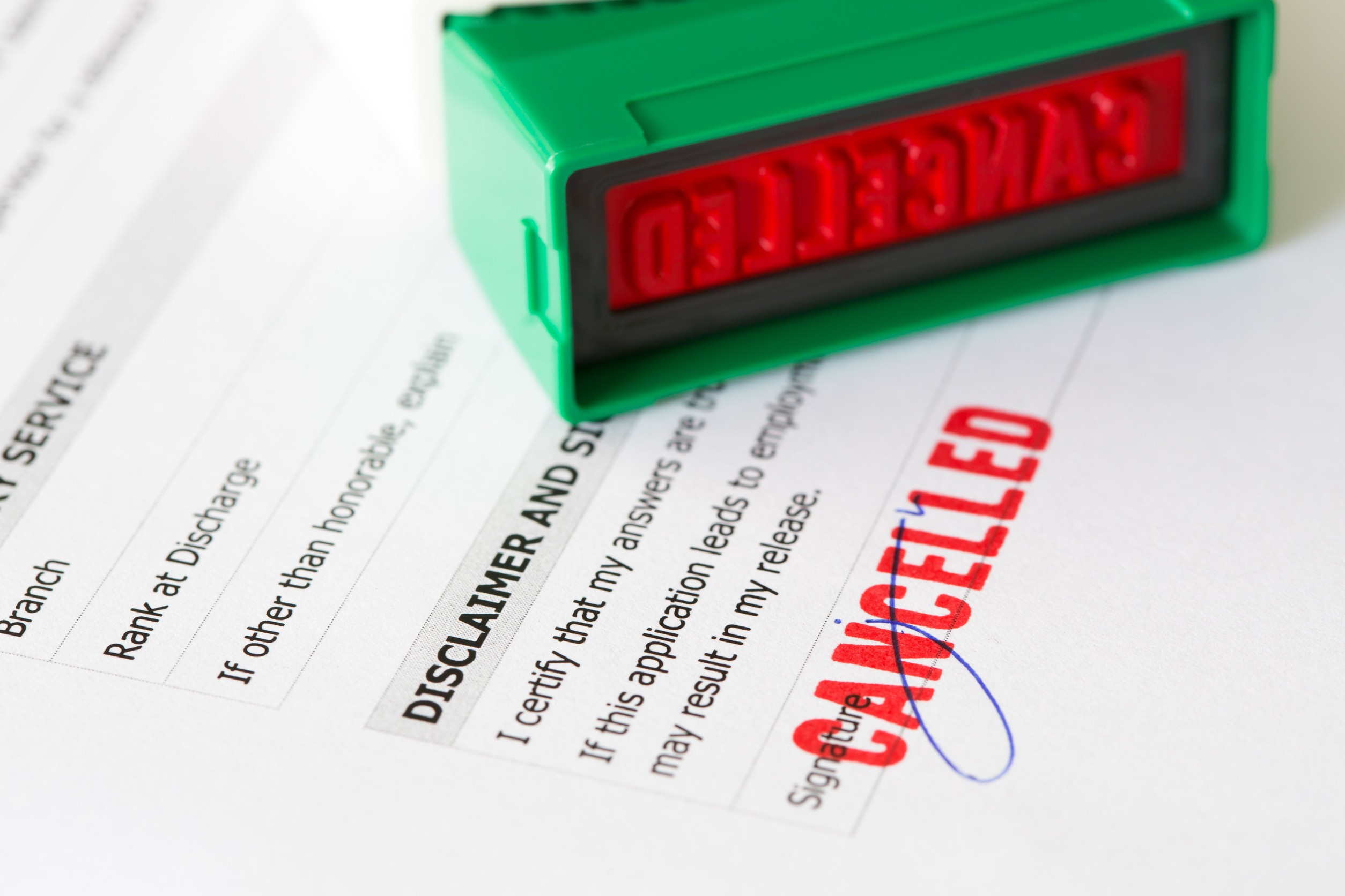 Cancelled letter rubber stamp on application form