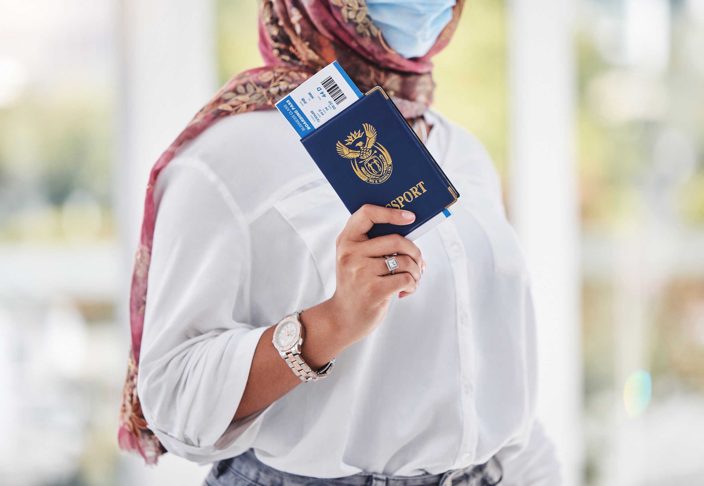 COVID passport and travel with a Muslim woman in airport for international