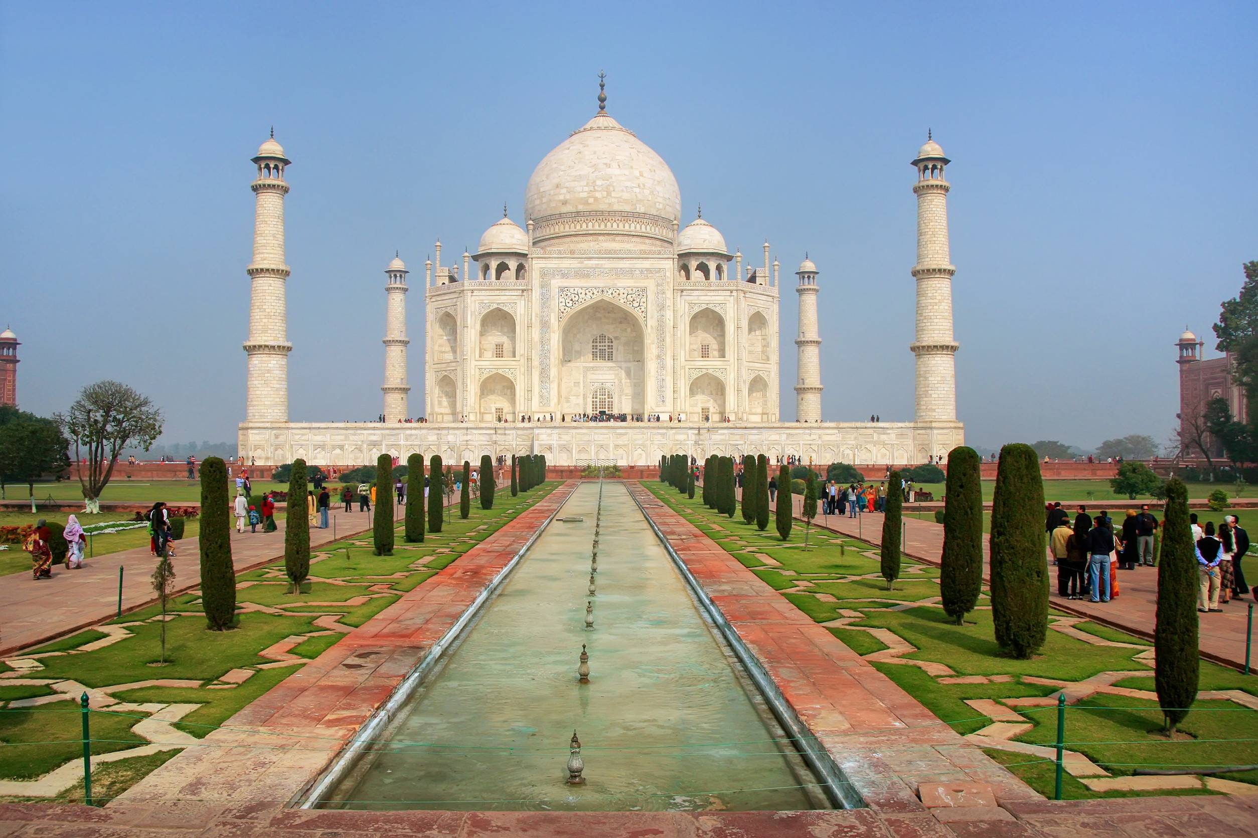 The Taj Mahal with a reflecting pool in Agra, Uttar Pradesh, India