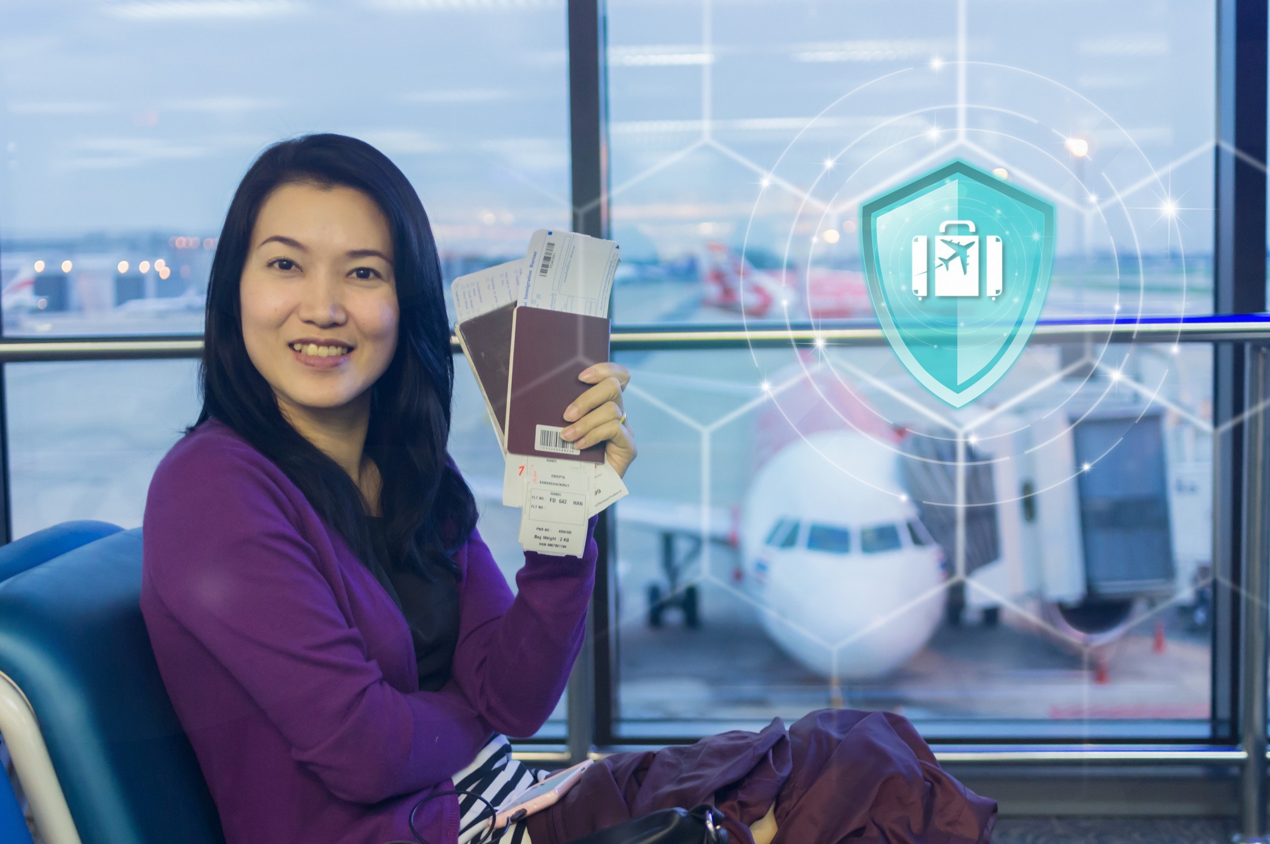 travel insurance shield protection travel on virtual screen